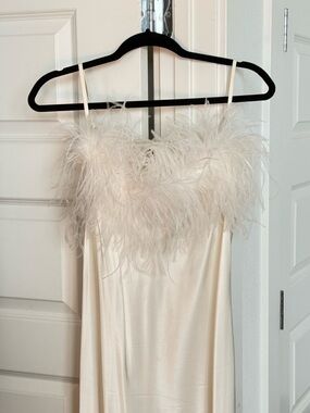 Sleeper Feather-Trim Satin Slip Dress - Ivory/Cream